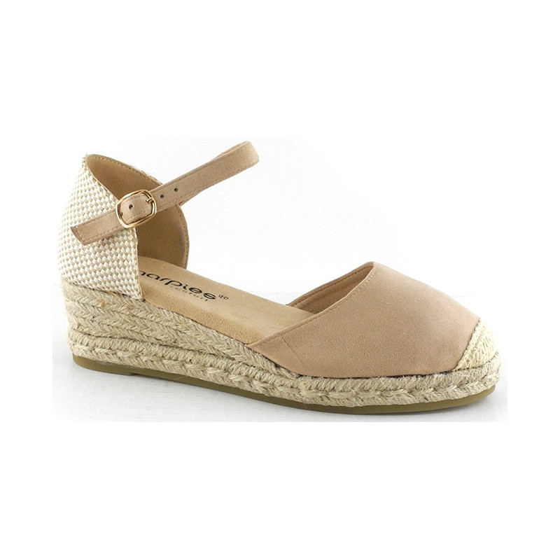 AMARPIES 26481 BEIGE - Sandalias con pequeña cuña de yute de 3 cuerdas en antelina con pulsera al tobillo