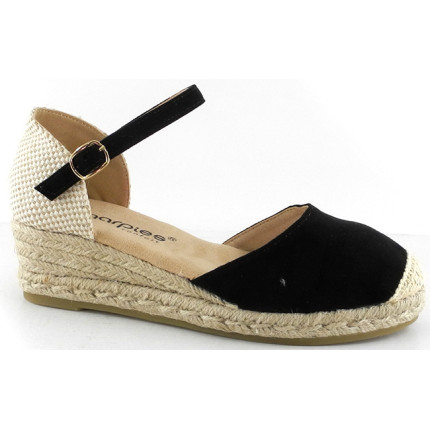 AMARPIES 26841 NEGRO - Sandalias con pequeña cuña de yute de 3 cuerdas en antelina con pulsera al tobillo