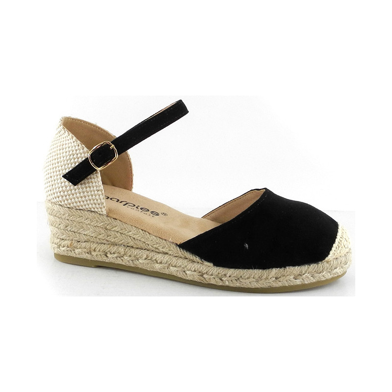 AMARPIES 26841 NEGRO - Sandalias con pequeña cuña de yute de 3 cuerdas en antelina con pulsera al tobillo