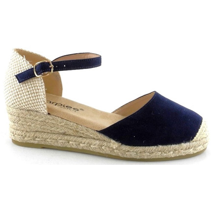 AMARPIES 26481 AZUL MARINO - Sandalias con pequeña cuña de yute de 3 cuerdas en antelina con pulsera al tobillo