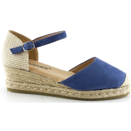 AMARPIES 26481 AZUL CLARO JEANS - Sandalias con pequeña cuña de yute de 3 cuerdas en antelina con pulsera al tobillo