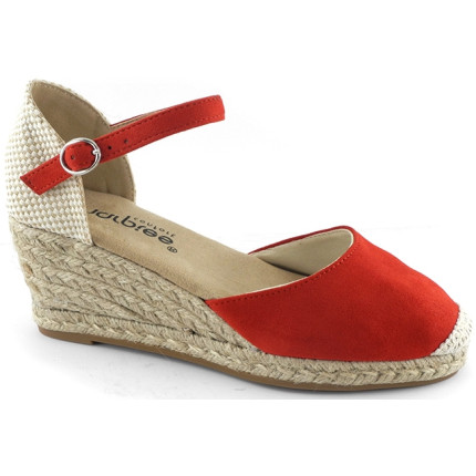 AMARPIES 26484 ROJO - Sandalias con cuña mediana de 5 cuerdas en antelina con pulsera al tobillo