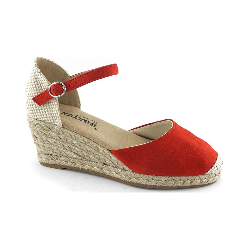 AMARPIES 26484 ROJO - Sandalias con cuña mediana de 5 cuerdas en antelina con pulsera al tobillo