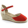 AMARPIES 26484 ROJO - Sandalias con cuña mediana de 5 cuerdas en antelina con pulsera al tobillo