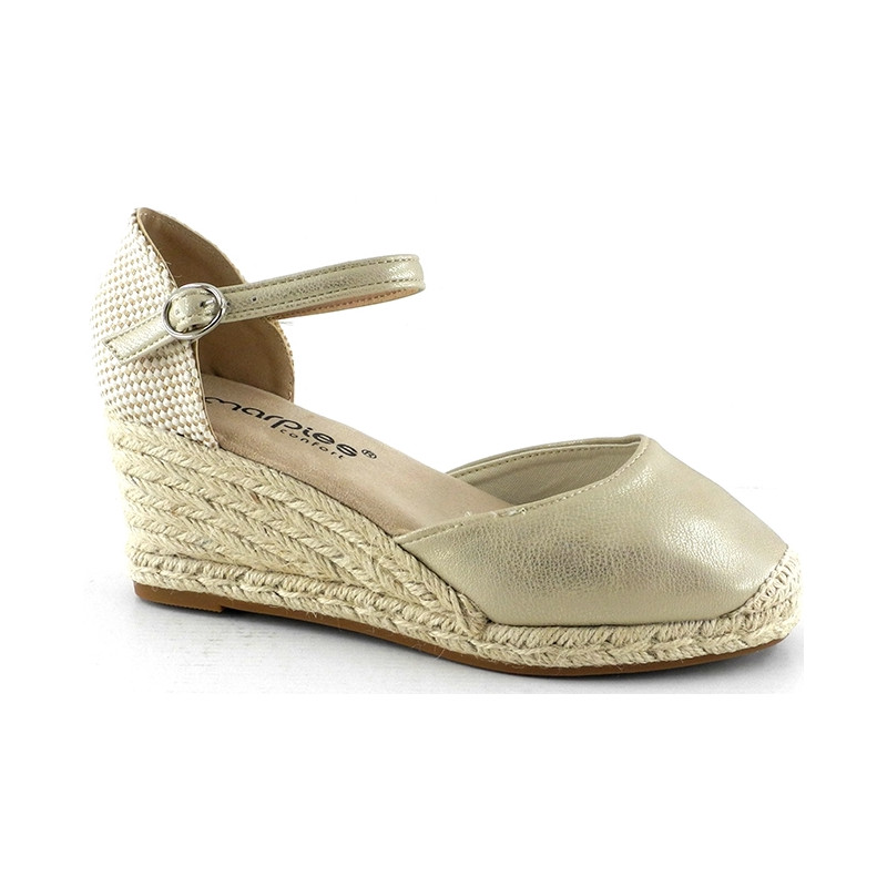 AMARPIES 26484 platino - Sandalias con cuña mediana de 5 cuerdas en metalizado con pulsera al tobillo