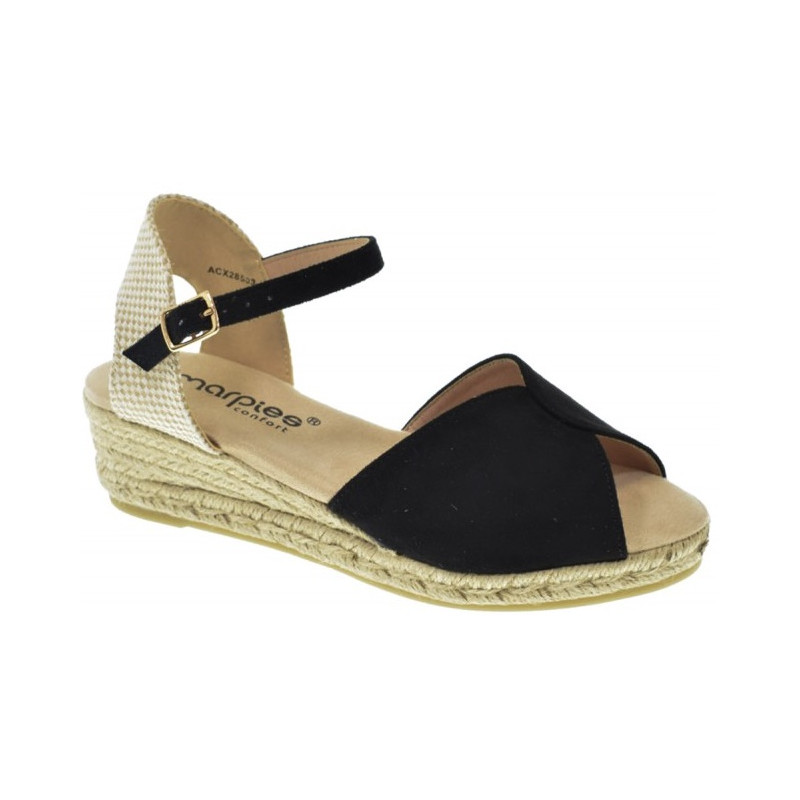 AMARPIES 28503 NEGRO en puntera abierta - Sandalias con cuña baja de 3 cuerdas en antelina con pulsera al tobillo