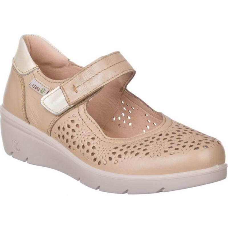 LAURA AZAÑA 26814 BEIGE - Merceditas de piel calados con cuña de goma
