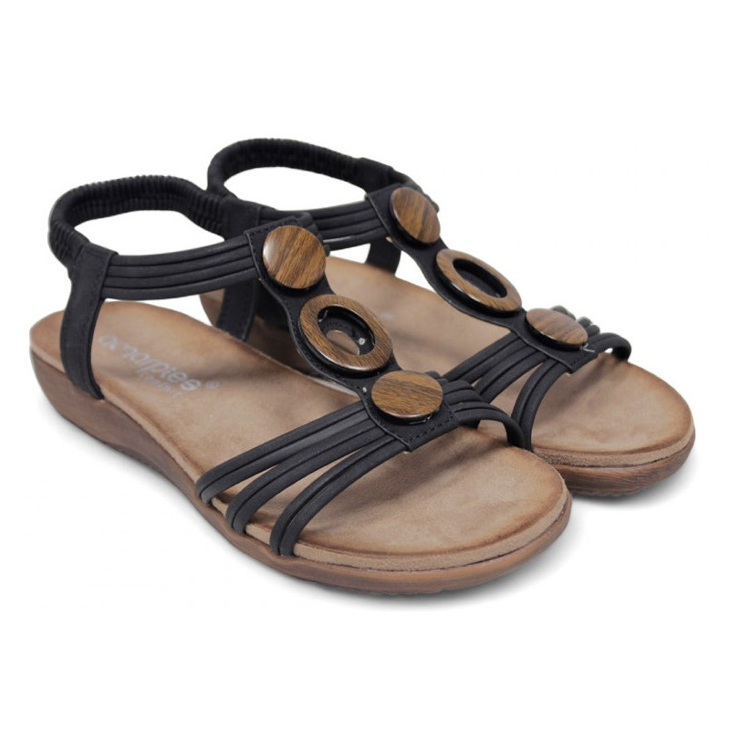 AMARPIES 26676 NEGRO - Sandalias planas para mujer con adorno central en madera