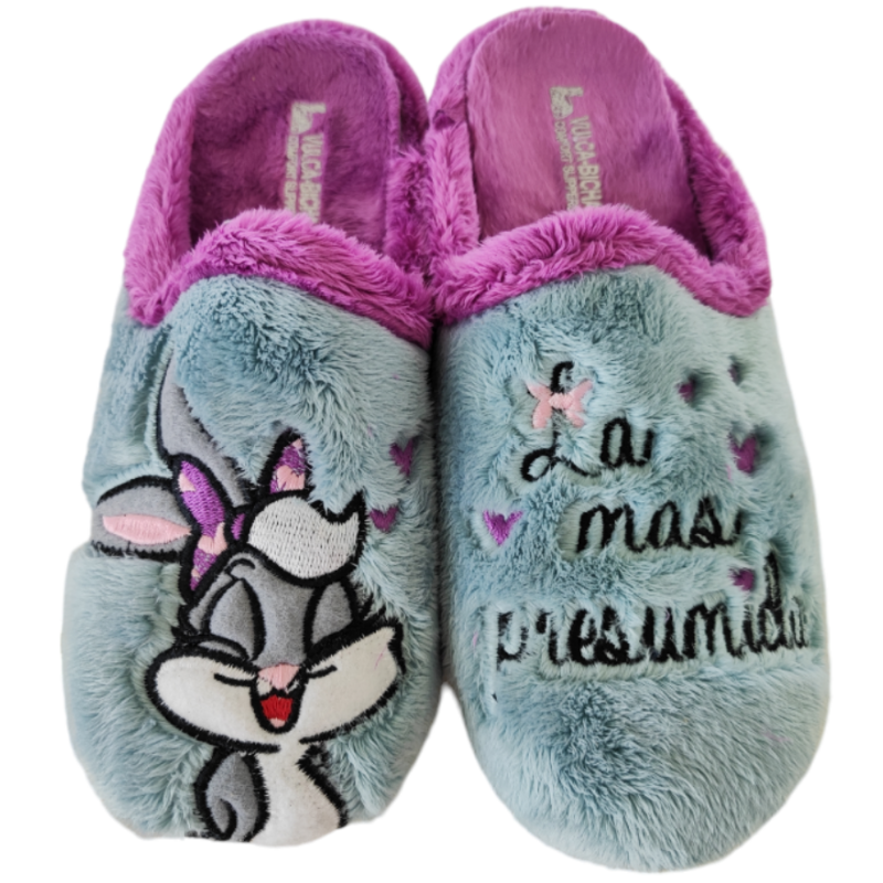 Zapatillas de casa con bordado divertido en azul claro