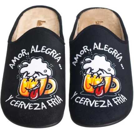 Zapatillas de casa en negro para hombre con dibujo de cerveza
