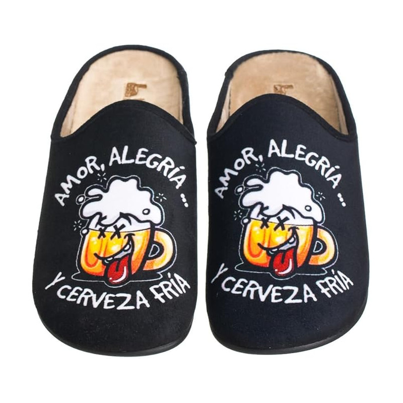 Zapatillas de casa en negro para hombre con dibujo de cerveza
