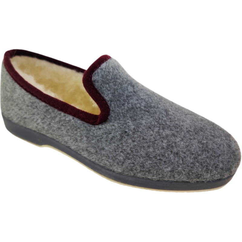 Zapatillas de casa de paño para hombre en color gris liso con adorno en granate