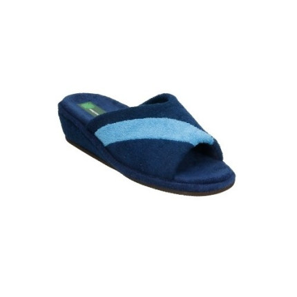 Zapatillas de casa de rizo en azul marino con tira diagonal en azul claro