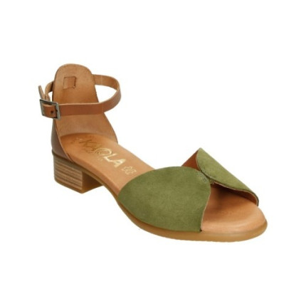 Sandalia de pala de piel vuelta en color oliva con tacón y tira para el tobillo