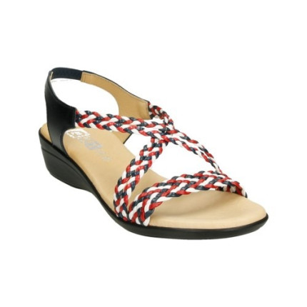 Sandalias de tiras trenzadas con cuña en tonos azul, rojo y blanco