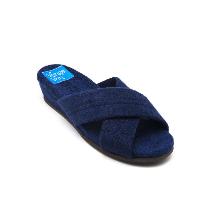 Zapatillas de casa de tiras cruzadas con cuña forrada en rizo color azul marino