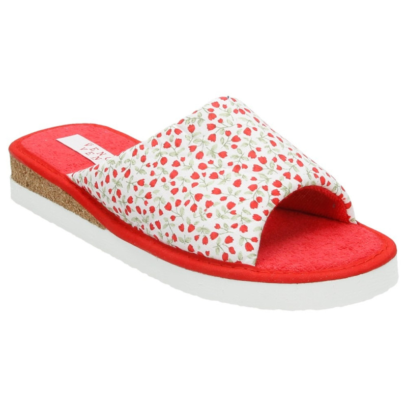 Zapatillas de casa con cuña de corcho y estampado de flores en colores rojos Zapatillas de casa con cuña de corcho y estampado de flores en colores rojos