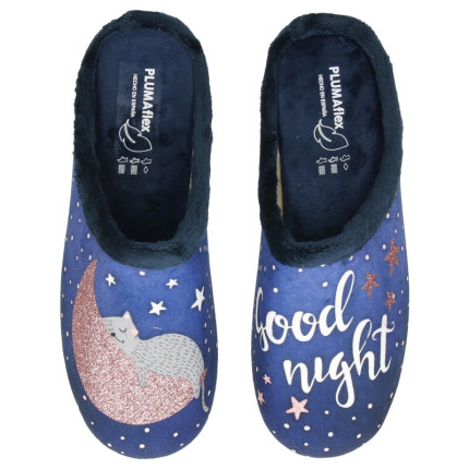 Zapatillas de casa sin talón con plantilla plumaflex ultracómodas con dibujo de un gatos sobre Luna en tonos azules
