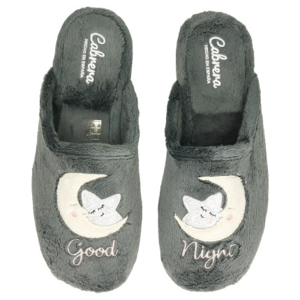 Zapatillas de casa para mujer con dibujo bordado de estrella y luna en pelito gris