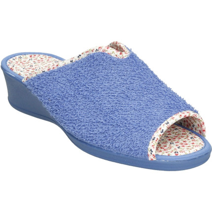 Zapatillas de casa de mujer con cuña de goma y toalla en azulón, forro de florecitas