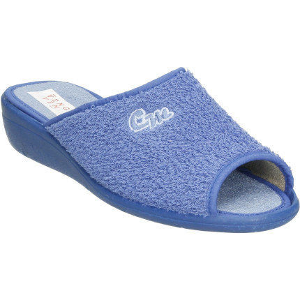 Zapatillas de casa de verano para mujer con cuña de goma y rizo doble en color azul aguamar