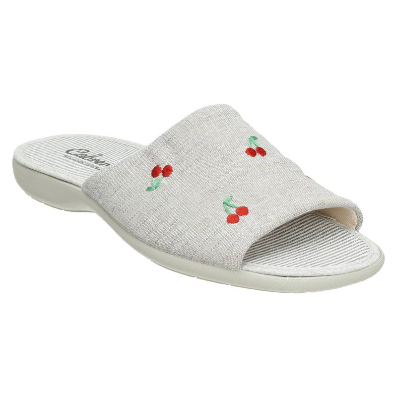 Zapatillas de casa para mujer con bordado de cerezas con suela de goma plana y empeine de tela con forro de toalla color gris