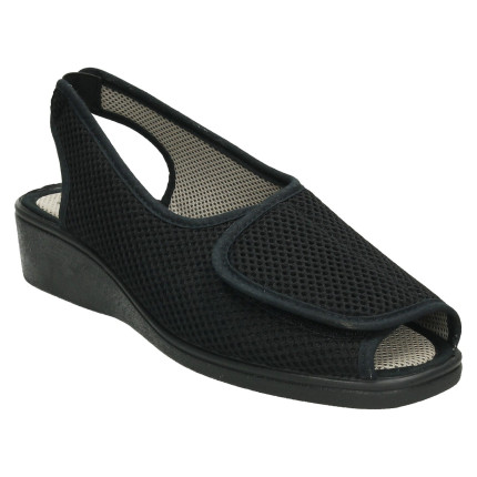 Sandalias de tela de rejilla con velcro adaptable a pies anchos, color negro