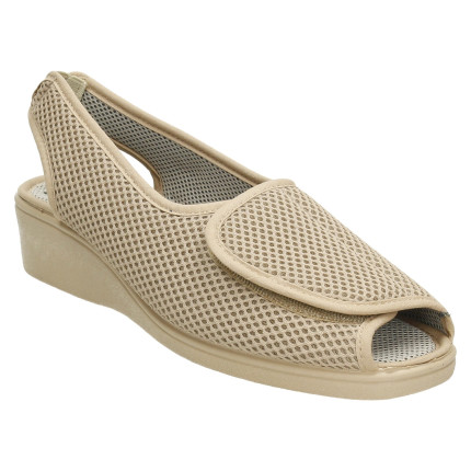 Sandalias de tela de rejilla con velcro adaptable a pies anchos, color beige