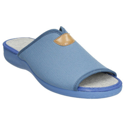 Zapatillas para estar en casa de tela azul azafata, planas con suela de goma