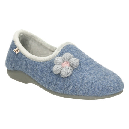Zapatillas de casa cerradas fabricadas en lana con adorno de flor en color azul
