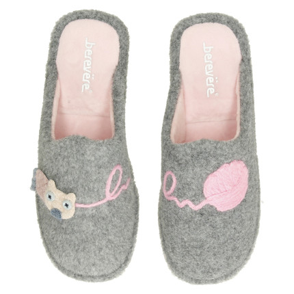 Zapatillas de casa para mujer con ratón y bola de lana cosido en paño gris