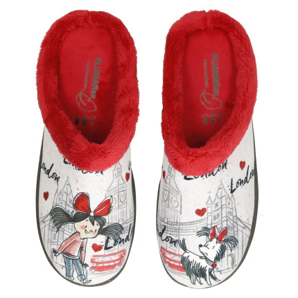Zapatillas de casa para mujer con dibujo de Londres, niña y  un perrito en rojo y negro