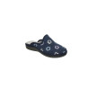 Zapatillas de casa abiertas en paño azul marino con flores bordadas, plantilla almohadillada