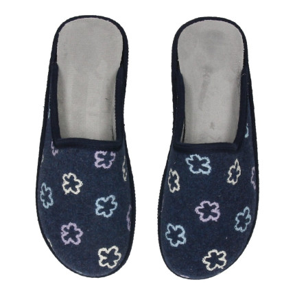 Zapatillas de casa abiertas en paño azul marino con flores bordadas, plantilla almohadillada