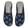 Zapatillas de casa abiertas en paño azul marino con flores bordadas, plantilla almohadillada