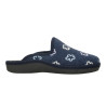Zapatillas de casa abiertas en paño azul marino con flores bordadas, plantilla almohadillada